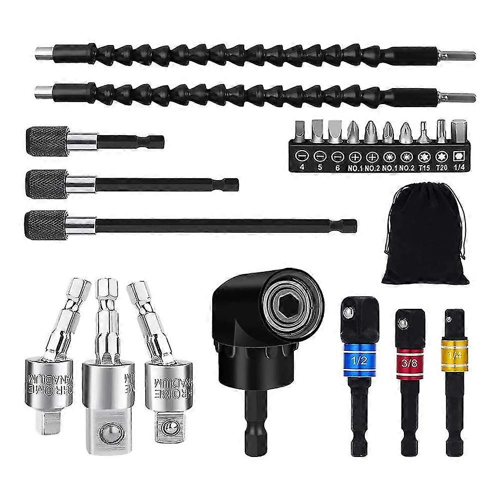 Drill Bit Extension Set,105 Right Angle Drill,1/4 3/8 1/2 Inch Hex Rotatable Socket, Bendable Dril