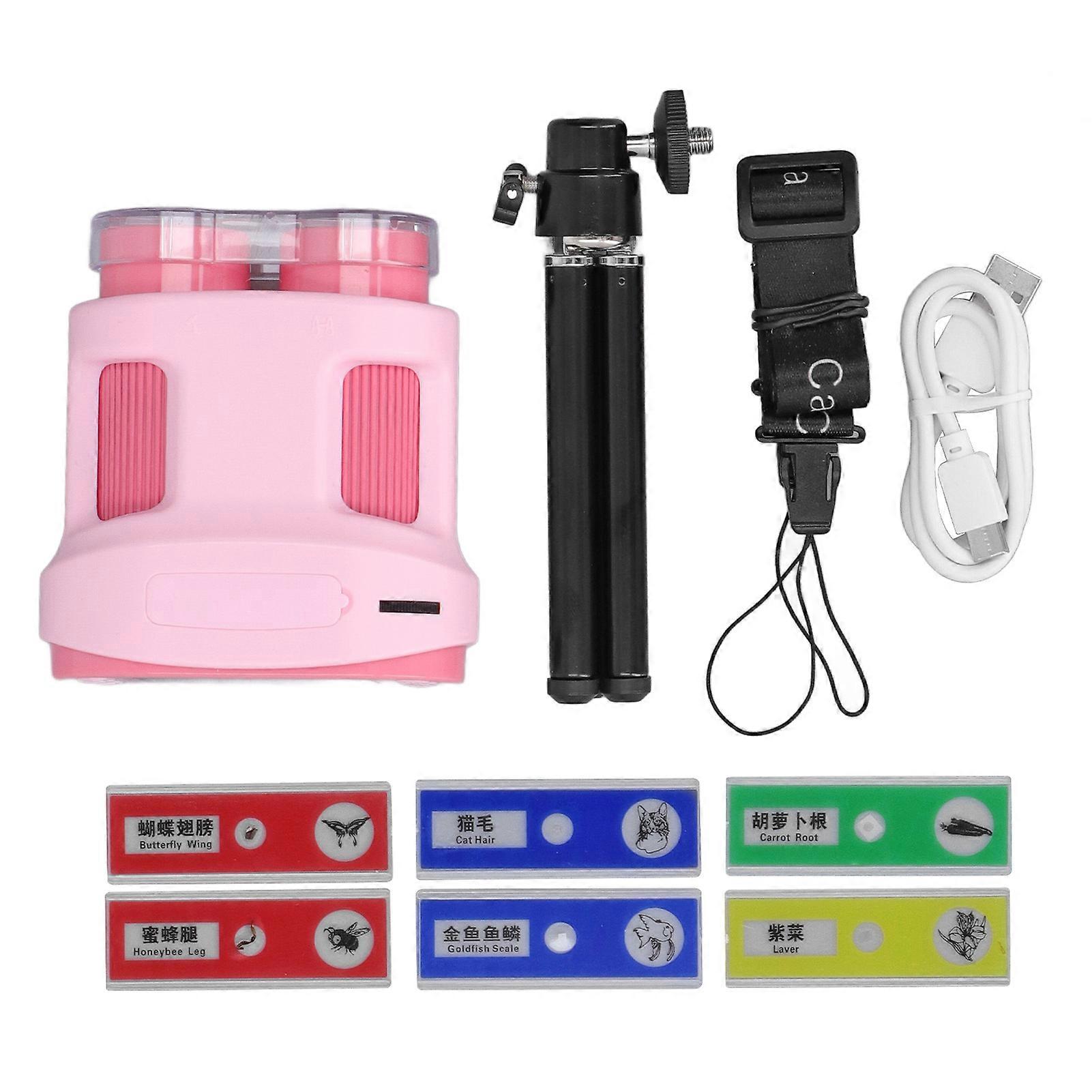 Handheld Dual Lens Microscope Camera with 2in LCD Screen 32G Storage Card Lanyard 6 Specimens Telescope 5200X Pink