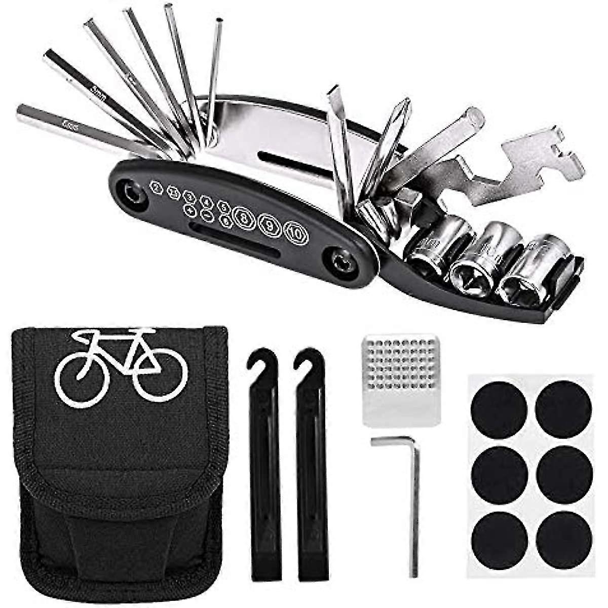 Bike Repair Tool Kit 16 In 1 Cycling Multifunctional Bicycle Fix Set With Storage Bag Includes 2 Tire Levers, 6 Patches, Metal Rasp And Extra Allen Wr