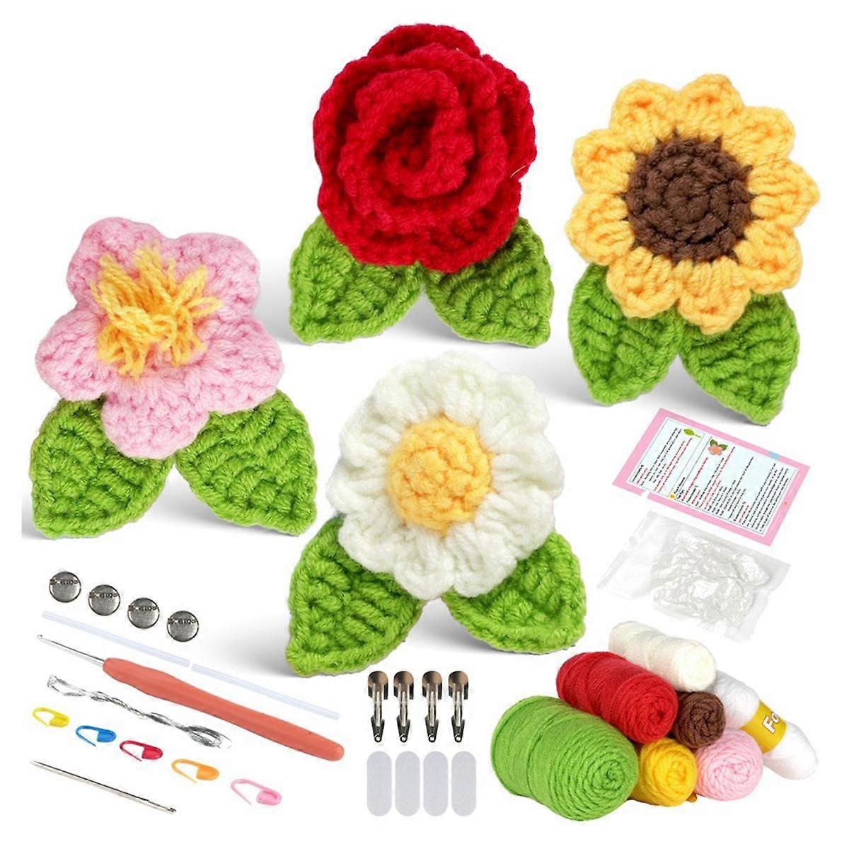 Crochet Kit for Beginners,Beginner Crochet Flower Brooch Kit for Adults,With Step-By-Step Video Tutorials&Stitches Yarn