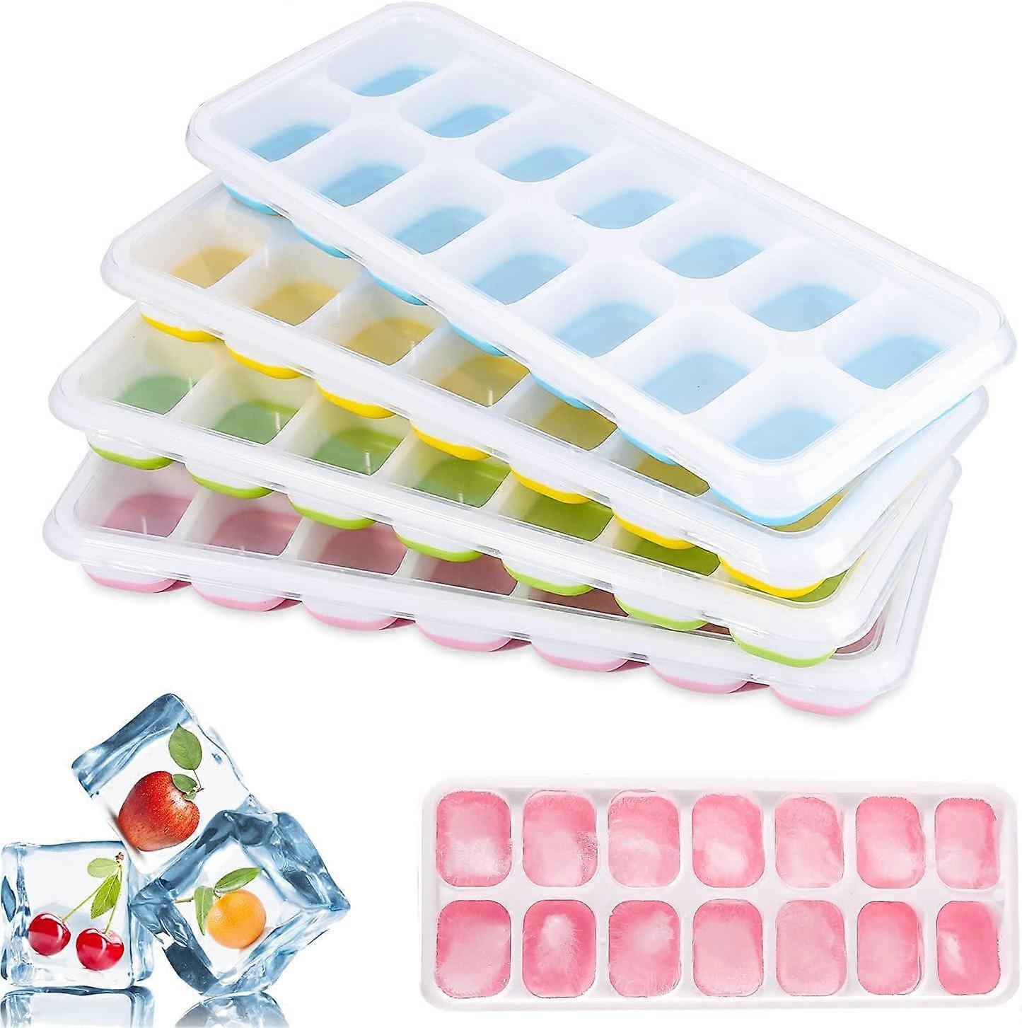4 Pack Ice Cube Mold, 14 Compartment Silicone Ice Cube Tray with Lid Ice Cube Mo ^