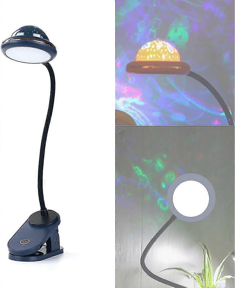 子供用クリップランプ、USB充電式LEDクリップ読書灯、スタープロジェクション付き、グースネックベッドサイドランプ、360タッチ調光(青)