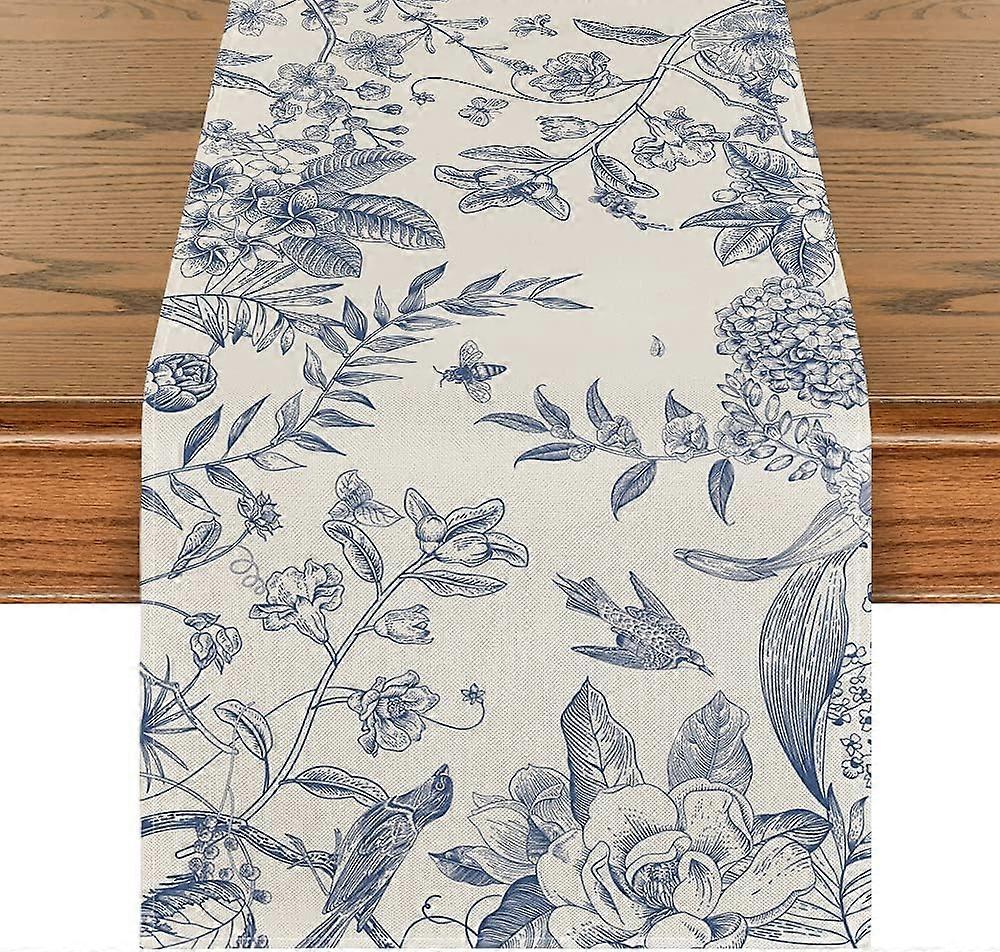40x140 cm Monochrome Sketch Birds Flowers Spring Table Runner, Seasonal Summer Kitchen Dining Table Decoration for Home Party Decor