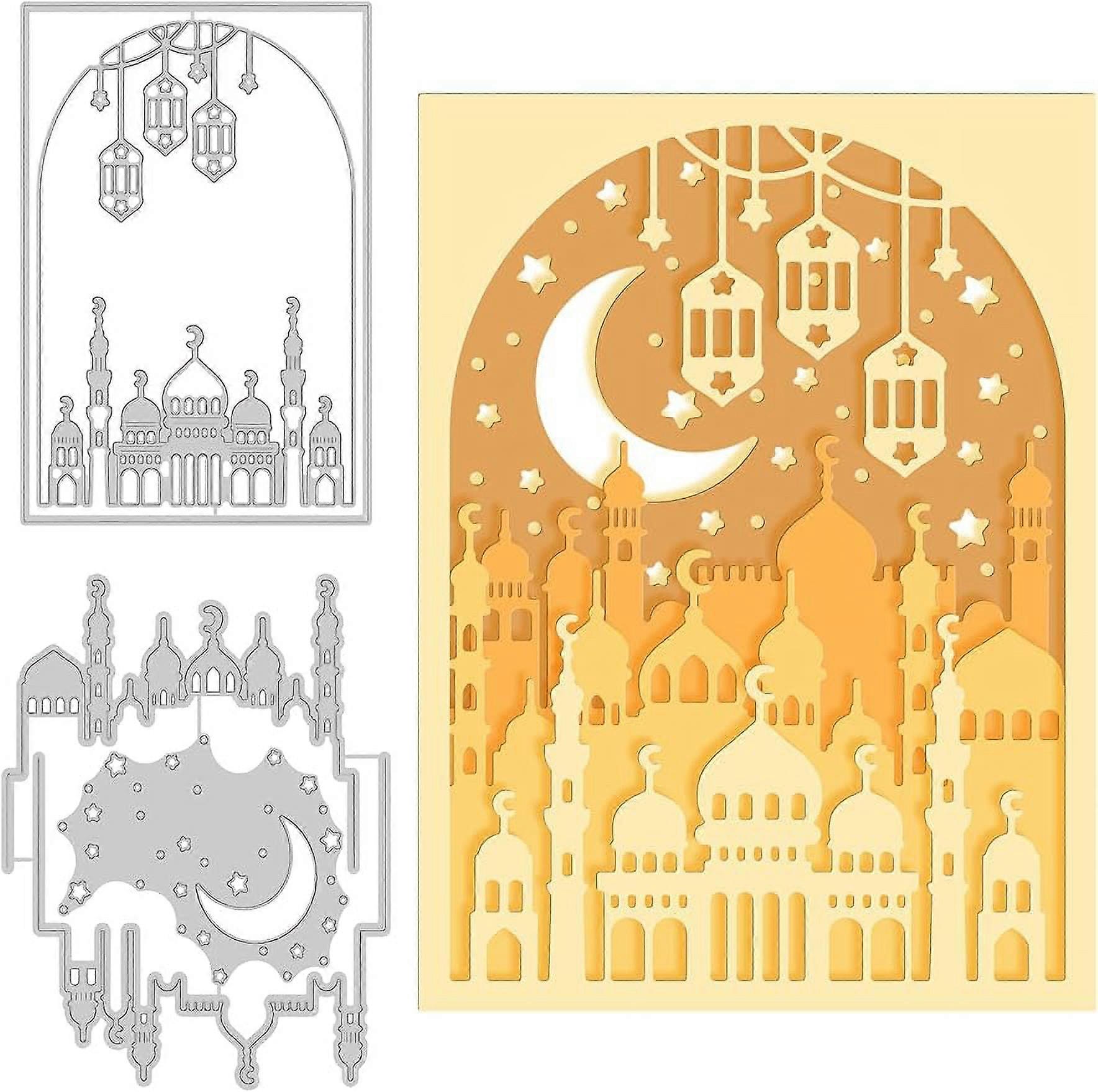 2Pcs Happy Eid al-Fitr Cutting Dies for DIY Scrapbooking Metal Ramadan Layered Castle Die Cuts Embossing Stencils Template for Paper Card Making Decor