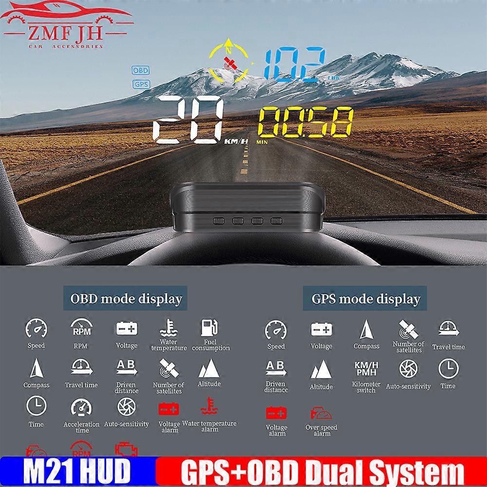 M21 Car HUD OBD2+GPS Head-Up Display Auto Electronics Projector Display Digital Tachometer Car Speedometer with OverSpeed Alarm