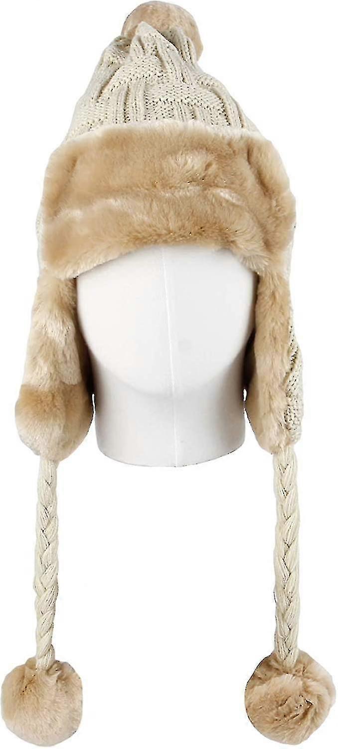 Fleece Lining Thick Cable Knit Beanie Hat Ear Flaps Cap