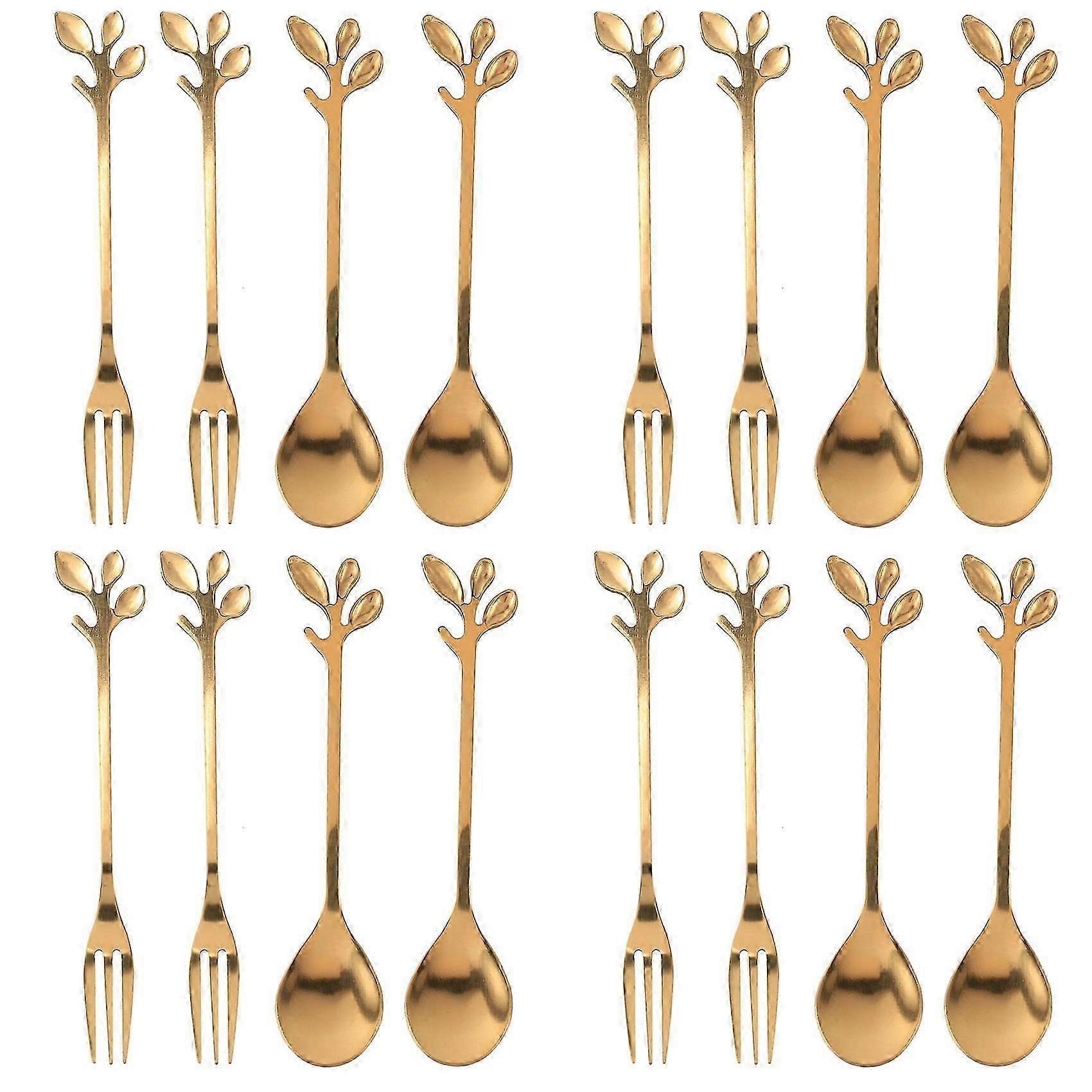 Tableware Gold Leaf Coffee Spoon suitable fork,16 Pack(8 Spoons 8 suitable forks) Little Espresso Spoon and Appetizer