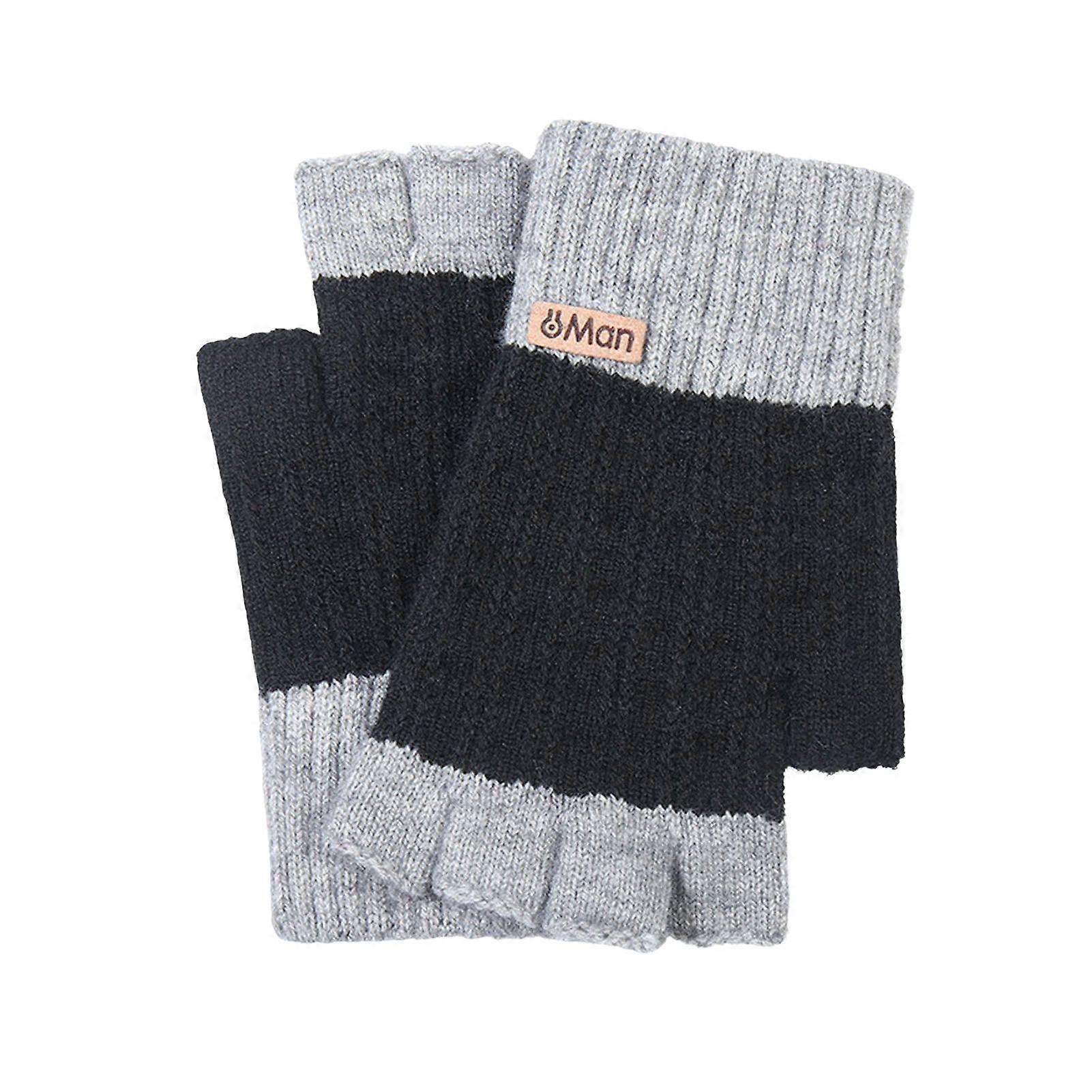 1 Pair Fall Winter Gloves Thickened Plush Color Matching Half Fingers Windproof Warm Elastic Indoor Outdoor Writing Typing Student Gloves Thickened