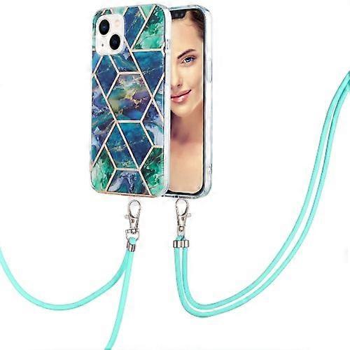 For iPhone 15 Electroplating Splicing Marble Pattern IMD TPU Shockproof Case with Neck Lanyard