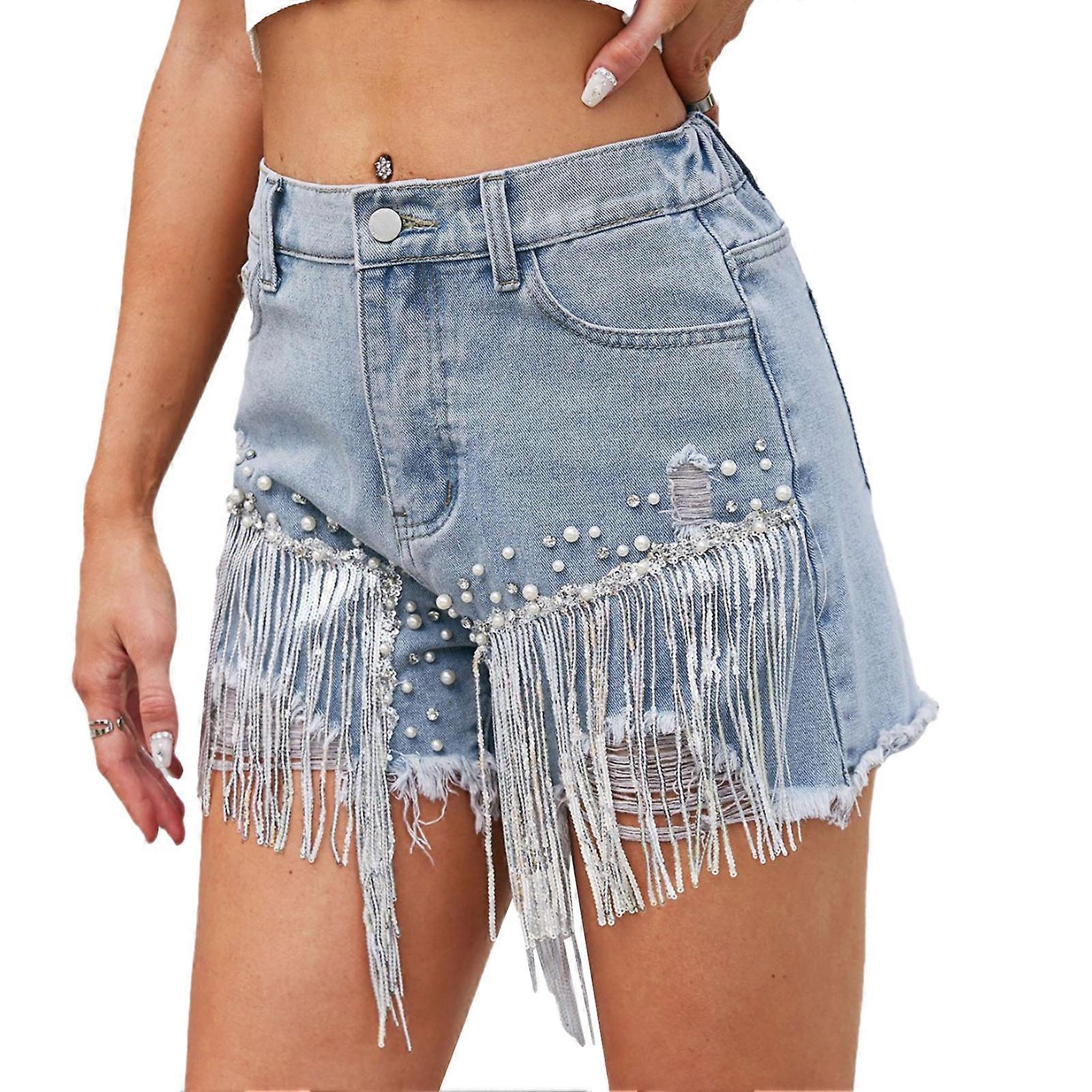 Women Casual Shorts Polyester Soft Rhinestone Beaded Fringe Blue S