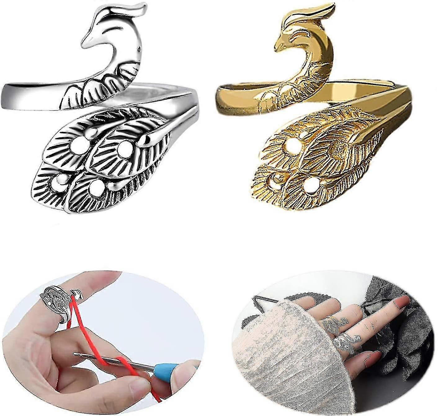 2 pezzi regolabile Knitting Loop Knitting Hook Loop, Peacock Shape Open Finger Metal Ring, Yarn Guide Knitting Finger Holder Knitting Thimble For Cra
