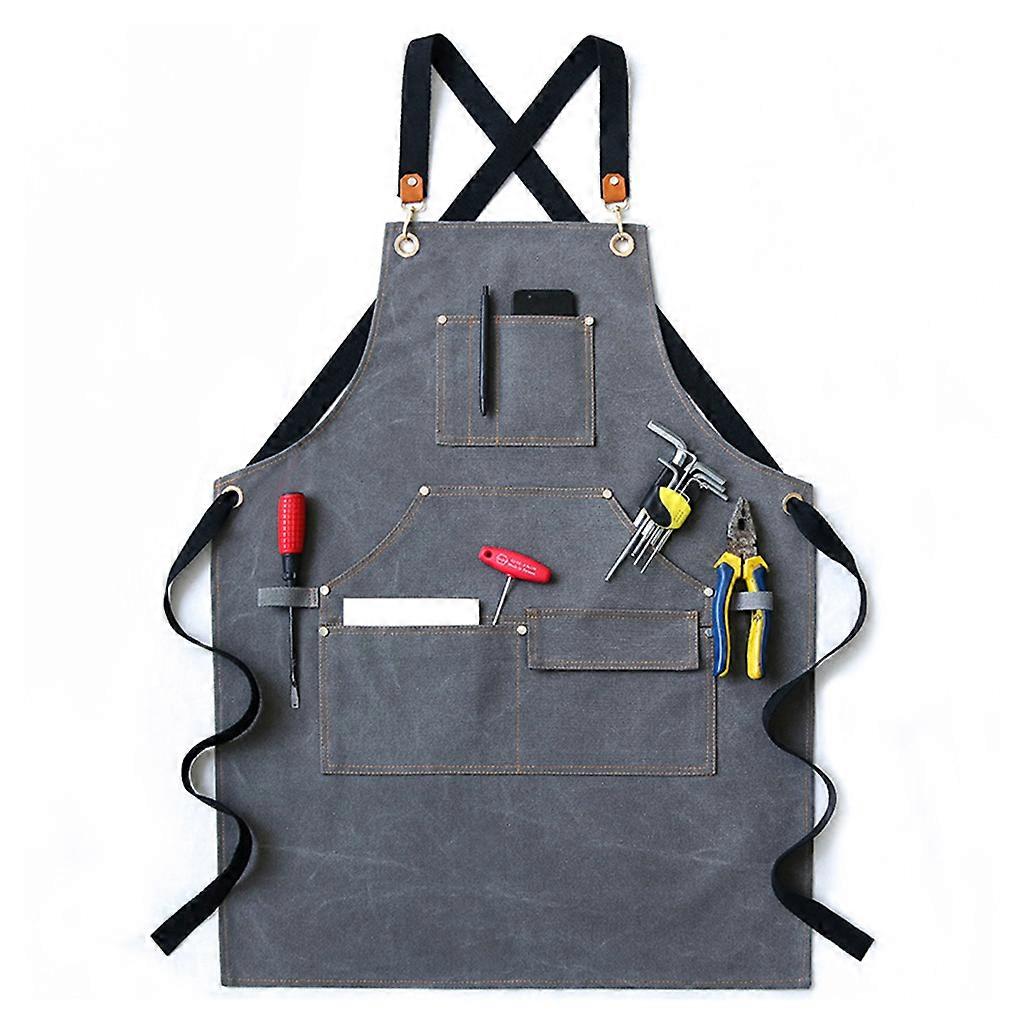 Unisex Canvas Work Apron Cross-Back Adjustable Shoulder Strap Handcraft Bib with Multi Tool Pockets for Woodworking gray