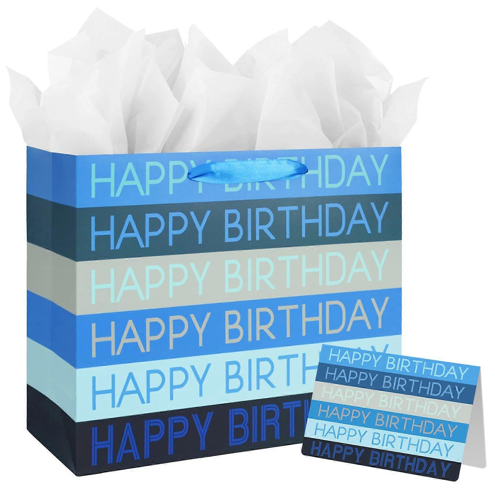 13" Blue Stripes Happy Birthday Gift Bag with Tissue and Card