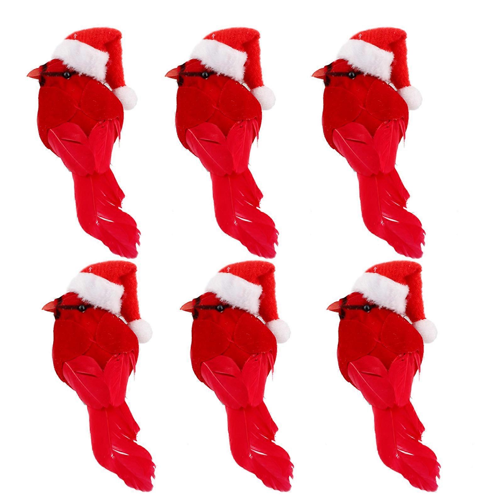 6PCS Flannel Red Cardinals with Hat Artificial Bird Xmas Ornaments