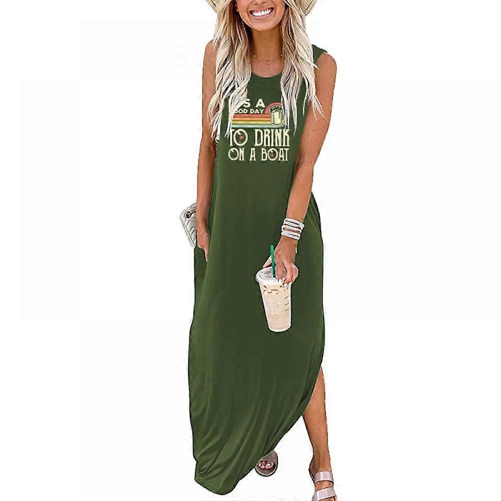 Women's Casual Loose Sundress Long Dress Sleeveless Split Maxi Dresses  Summer Beach Dress with Pockets Military green M Size | Fruugo ZA