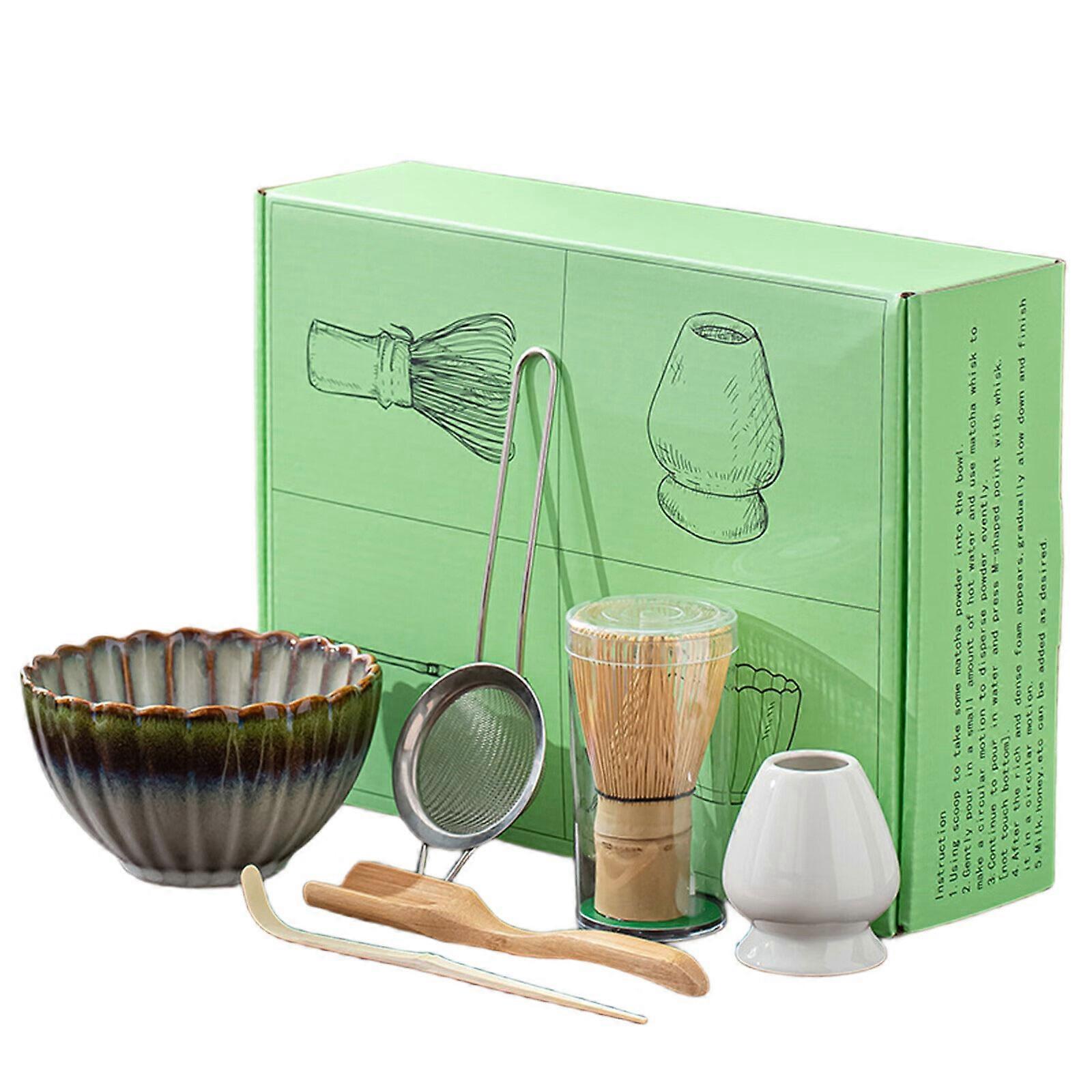 Fonksiyonel Matcha Çayları Seremoni Seti, Çaylar, Çırpma Telleri, Fırça Seti, Ahşap Matcha Çırpma Telleri, Kepçe ve Tutucular, Seramik Matcha Kasesi, Beyaz Çimen, Yeşil