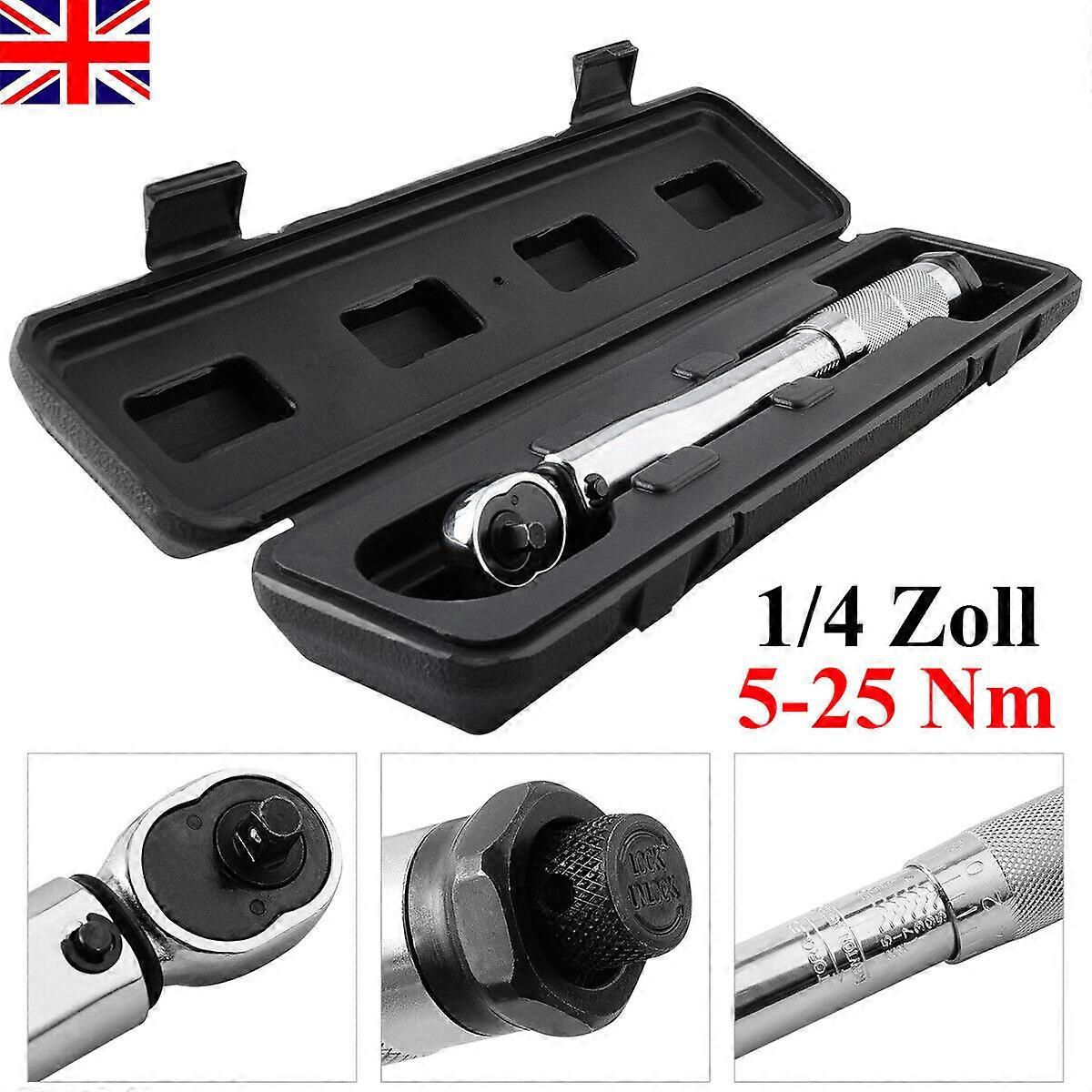 Adjustable 5-25Nm Ratcheting Torque Wrench 1/4" Drive Click Spanner Tool in Case
