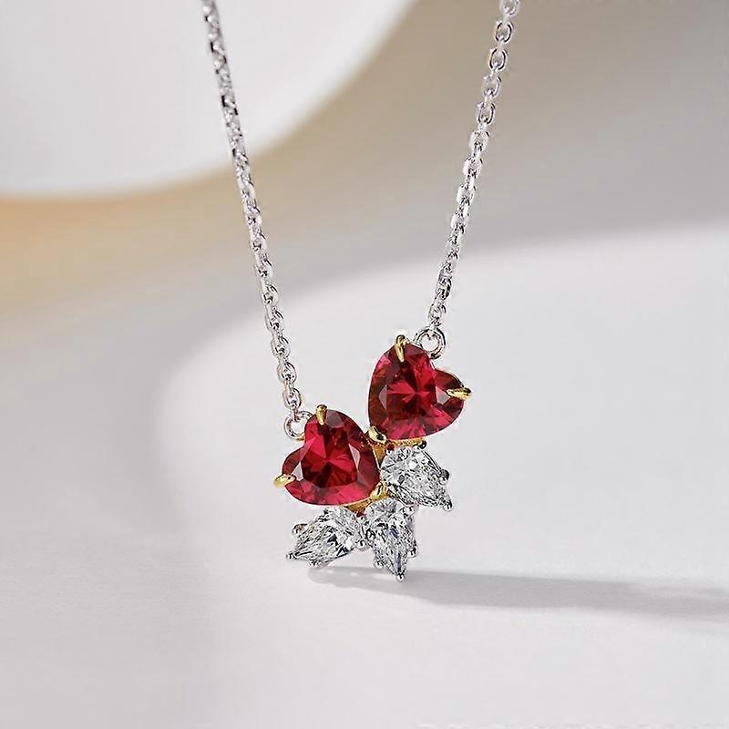 BELLA BOX Advanced sense network red live simulation red tourmaline heart-shaped open ring necklace earrings set