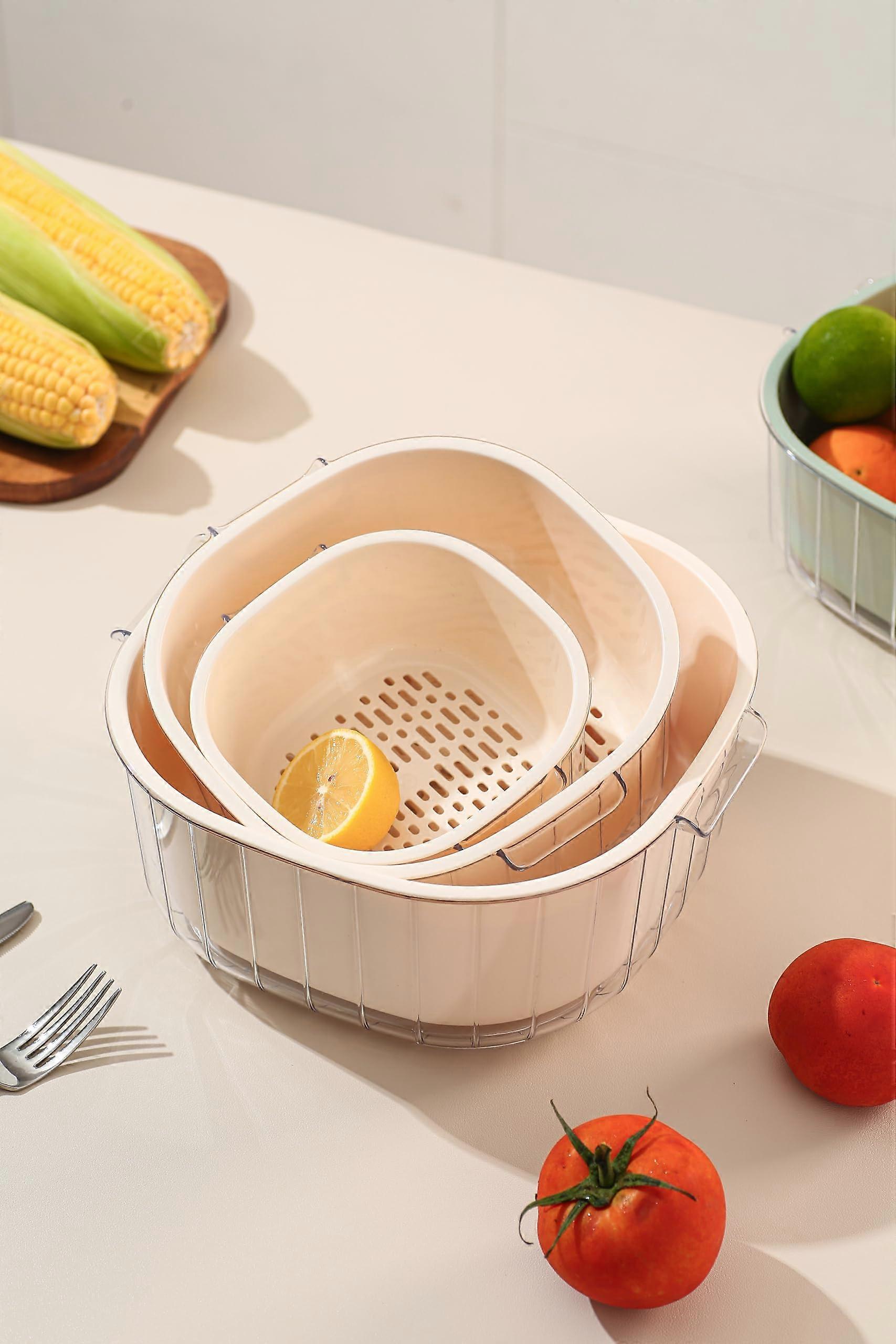Double strainer, dual -layer strainer bowl set (3 sets 4,75qt, 2,64qt, 1,27qt), fruit washing sink strainer basket