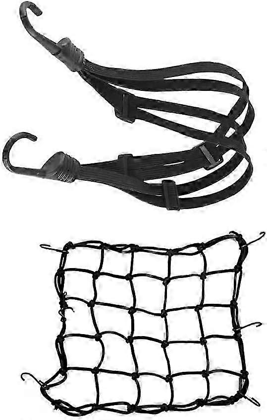 Elastic Luggage Net (40 x 40cm) and 60cm Elastic Luggage Strap with Hooks for Bike Motorcycle Fixing Helmet Luggage Briefcase Carrying Net Bag (Black)