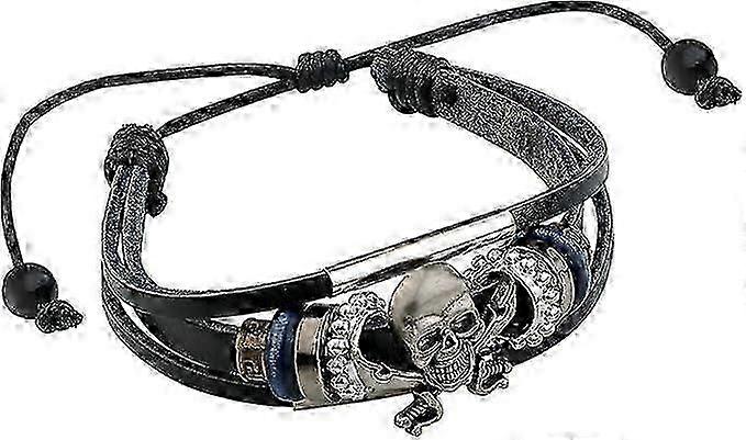 Genuine Leather Skull Bracelet Adjustable Style Black 10g
