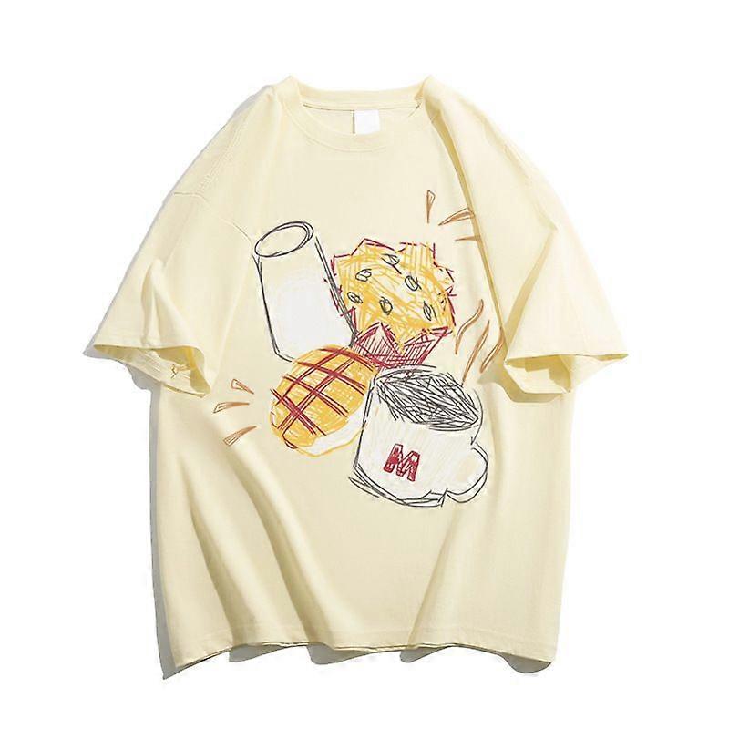 Gray Cotton Heavy Short-Sleeved T-Shirt For Women With Small Summer Retro American Printed Loose Round Neck Half-Sleeved Top