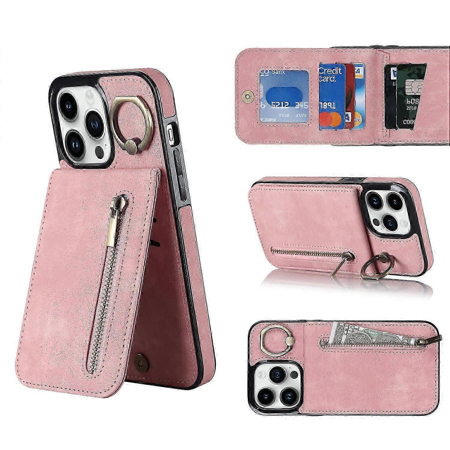 For 14 Pro Max Retro Ring and Zipper RFID Card Slot Phone Case