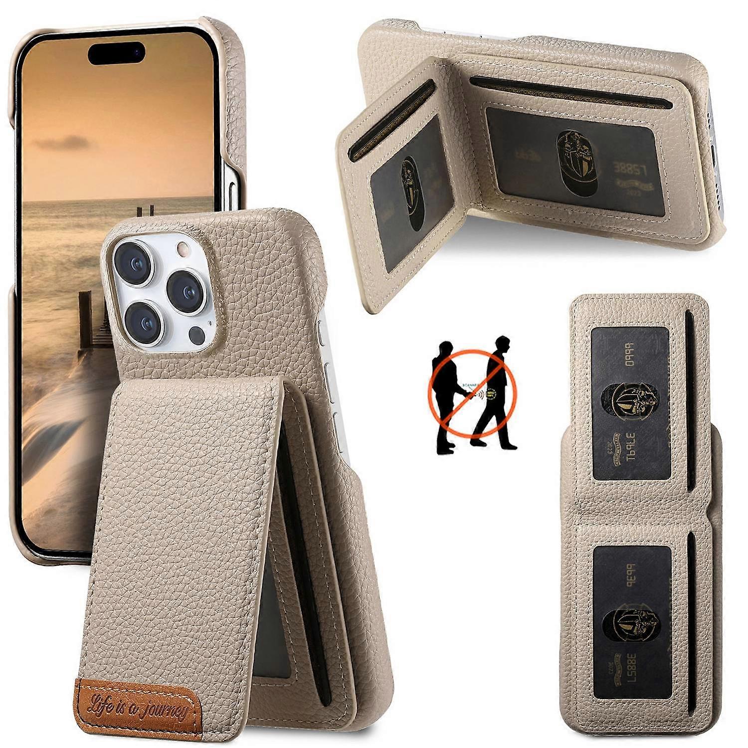 For iPhone 16 Pro Case RFID Blocking Card Holder Litchi Texture Leather Back Cover