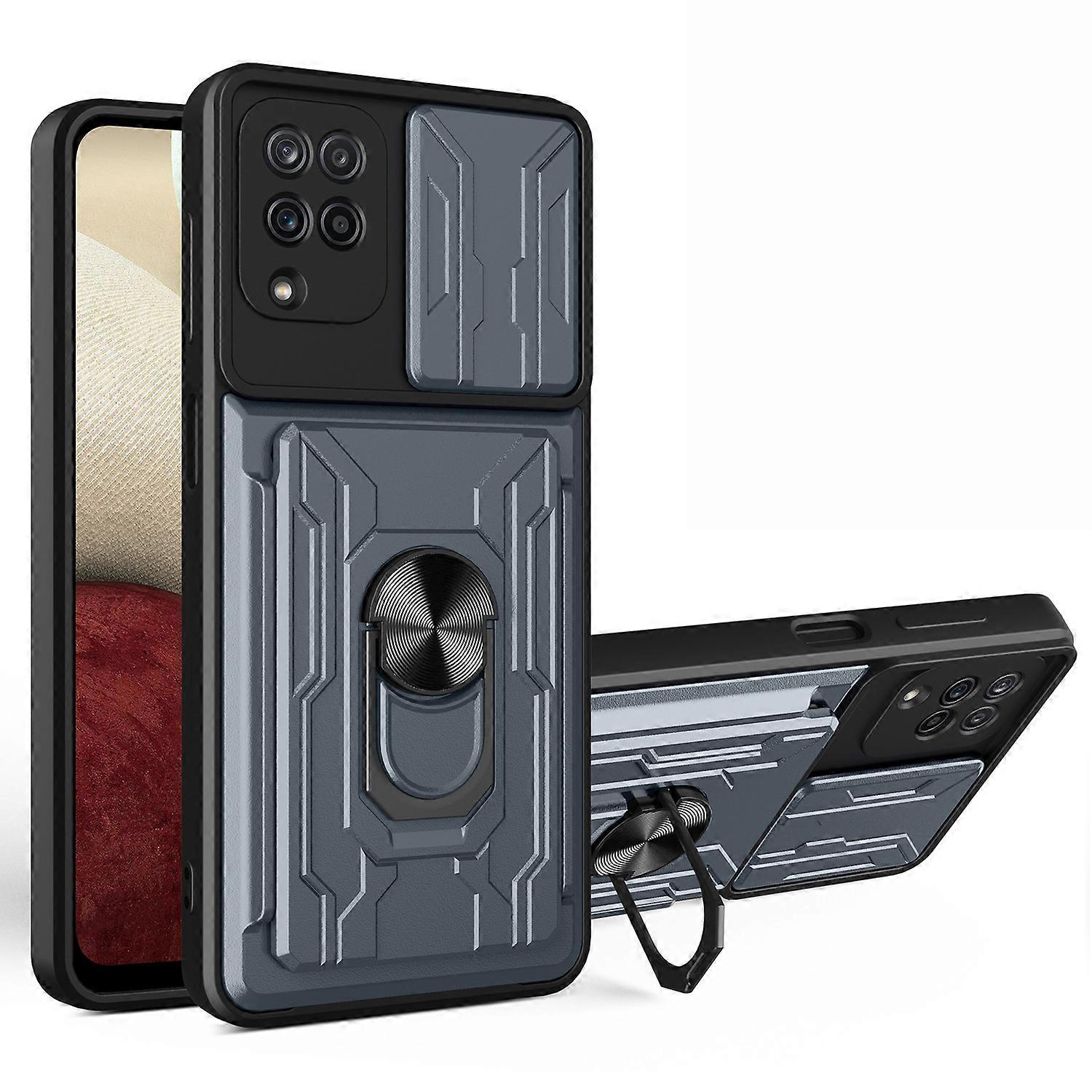 Ring Holder Kickstand Hard PC+Soft TPU Phone Case Shell with Camera Slide Cover and Detachable Card 