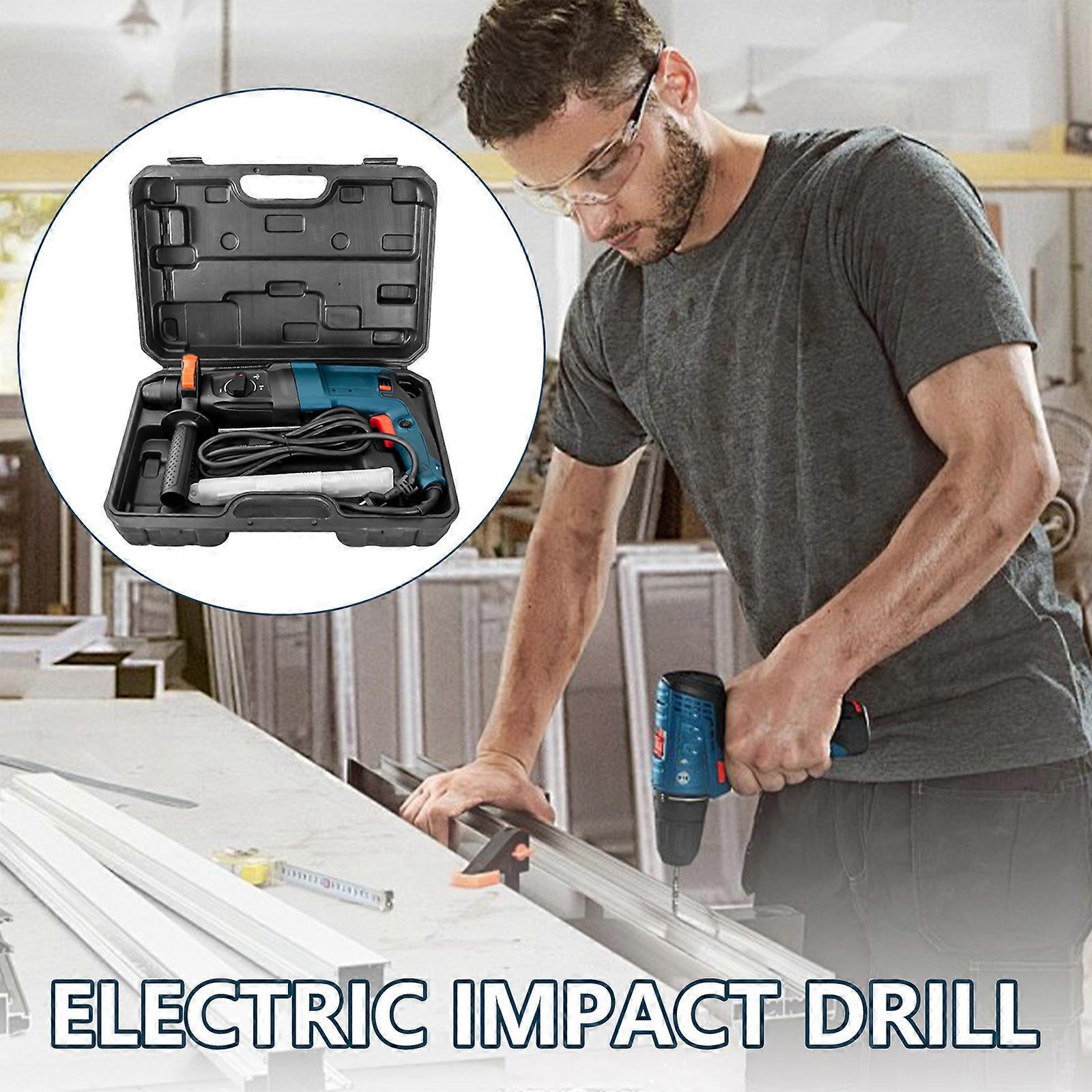 Heavy Duty Electric Hammer Drill Impact Force 4 Functions Concrete Drilling With 3 Bits 2 Chisels and Storage Case Multicolor
