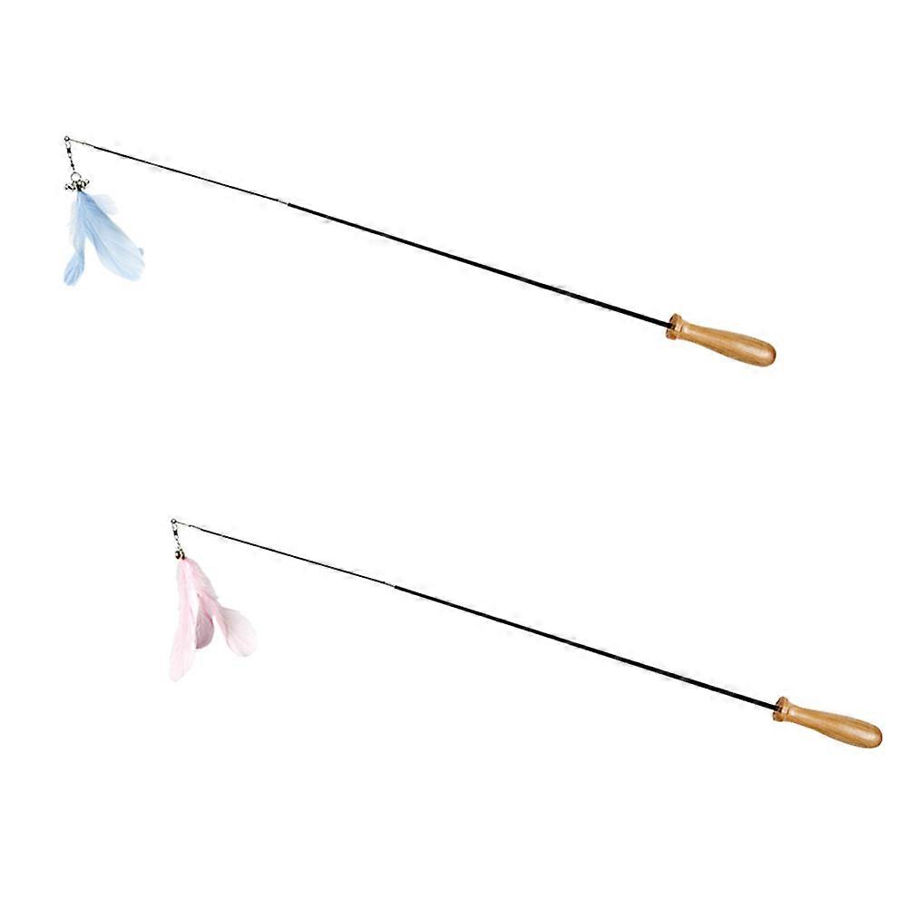 2pcs Retractable Cat Teaser Sticks with Wooden Handles and Carbon Fiber Rods for Interactive Play with Kittens – Blue Pink Pendant Design