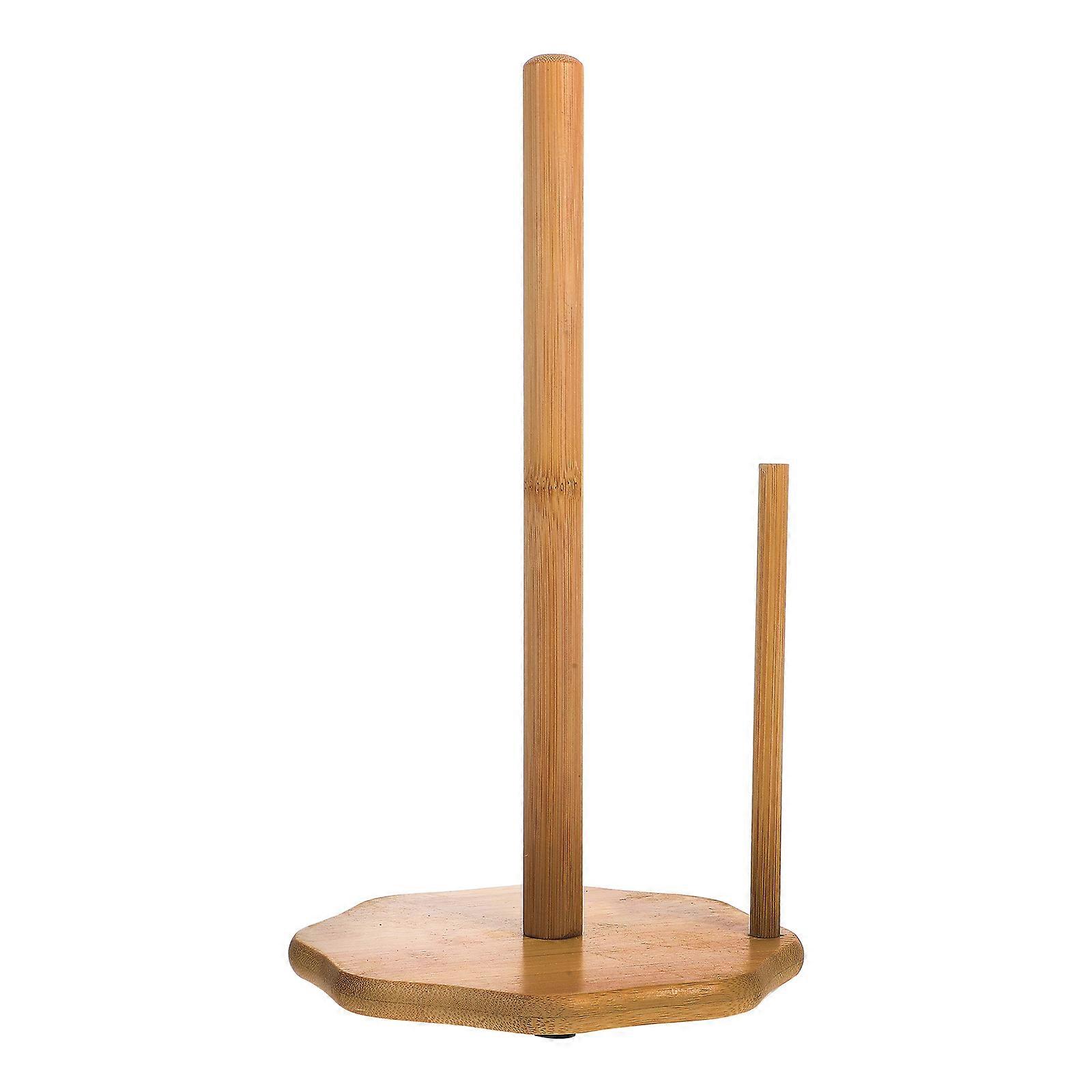 Space Saving Multifunctional Bamboo Kitchen Roll Holder with Poles – Compact Countertop Storage Rack for Efficient Kitchen Organization