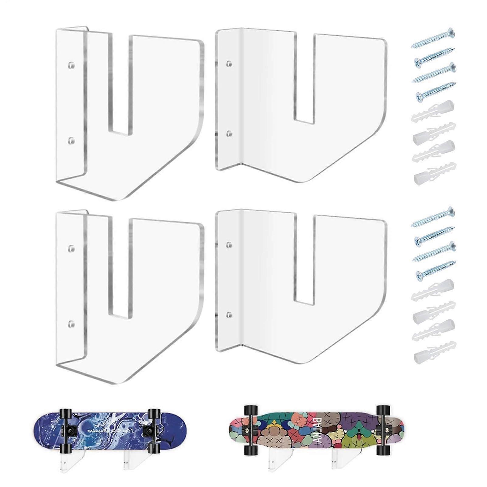 Skateboard Wall Mount, Longboard Acrylic Display Rack, 2 Pairs Transparent Skateboard Holders for Home and Garage