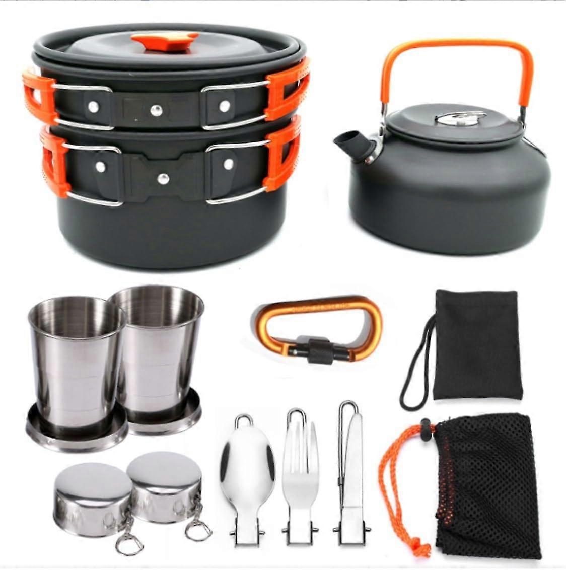 Camping Cookware Set 11pcs Outdoor Tableware with Foldable Spoon Fork Kettle Cup for Picnic Cooking - Orange