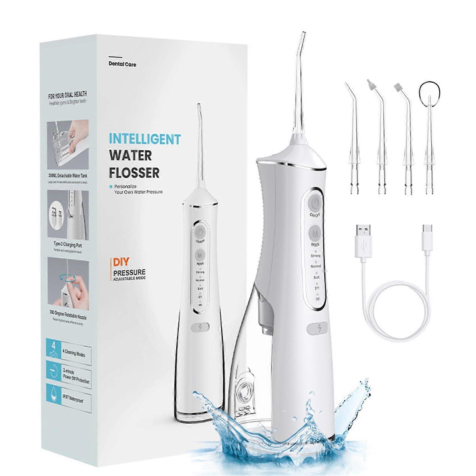 Wireless Oral Irrigator with 4 Modes 4 Nozzles, 300ml USB Rechargeable Water Flosser, IPX7 Dental Water Jet for Travel Home (White)