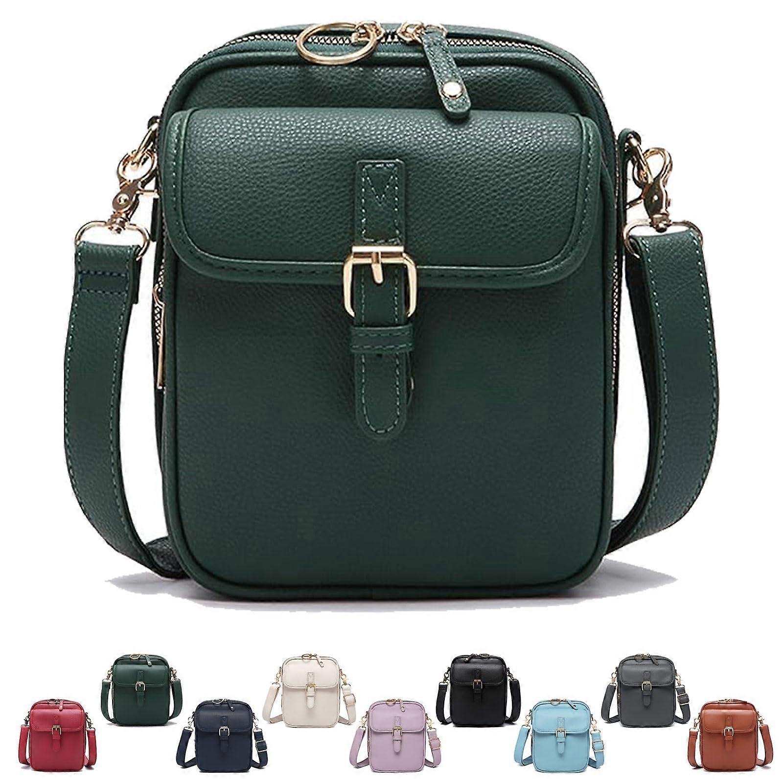 Crossbody Leather Bag Green - Retro Double-Layer, Large-Capacity, Mini Crossbody Style