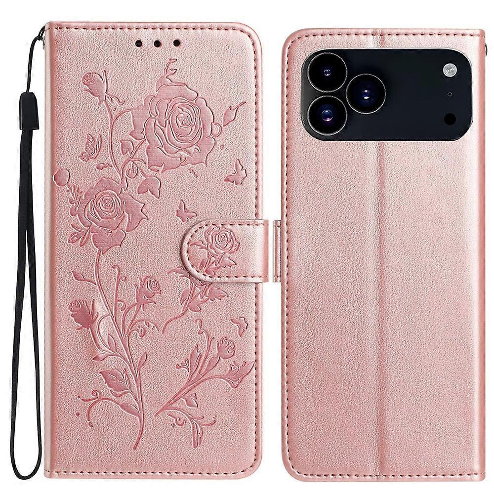 Compatible For iPhone 17 Pro Max Wallet Case Rose Pattern Imprinted Leather Flip Stand Phone Cover with Strap