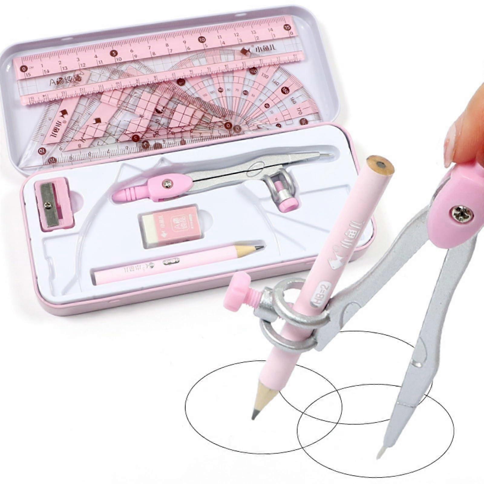 Compass Set, 8-Piece Geometry Set for Secondary School, Shockproof Outer Box, Pink Color, Durable Learning Tools