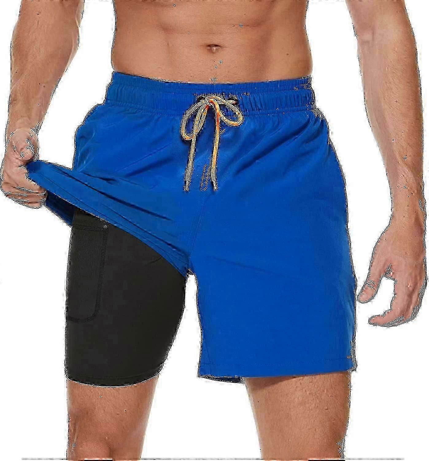 Men's Swim Trunks With Compression Liner 2 In 1 Quick Dry Mens Swim Shorts With Boxer Brief Lined Surfing Stretchy Beach Shorts