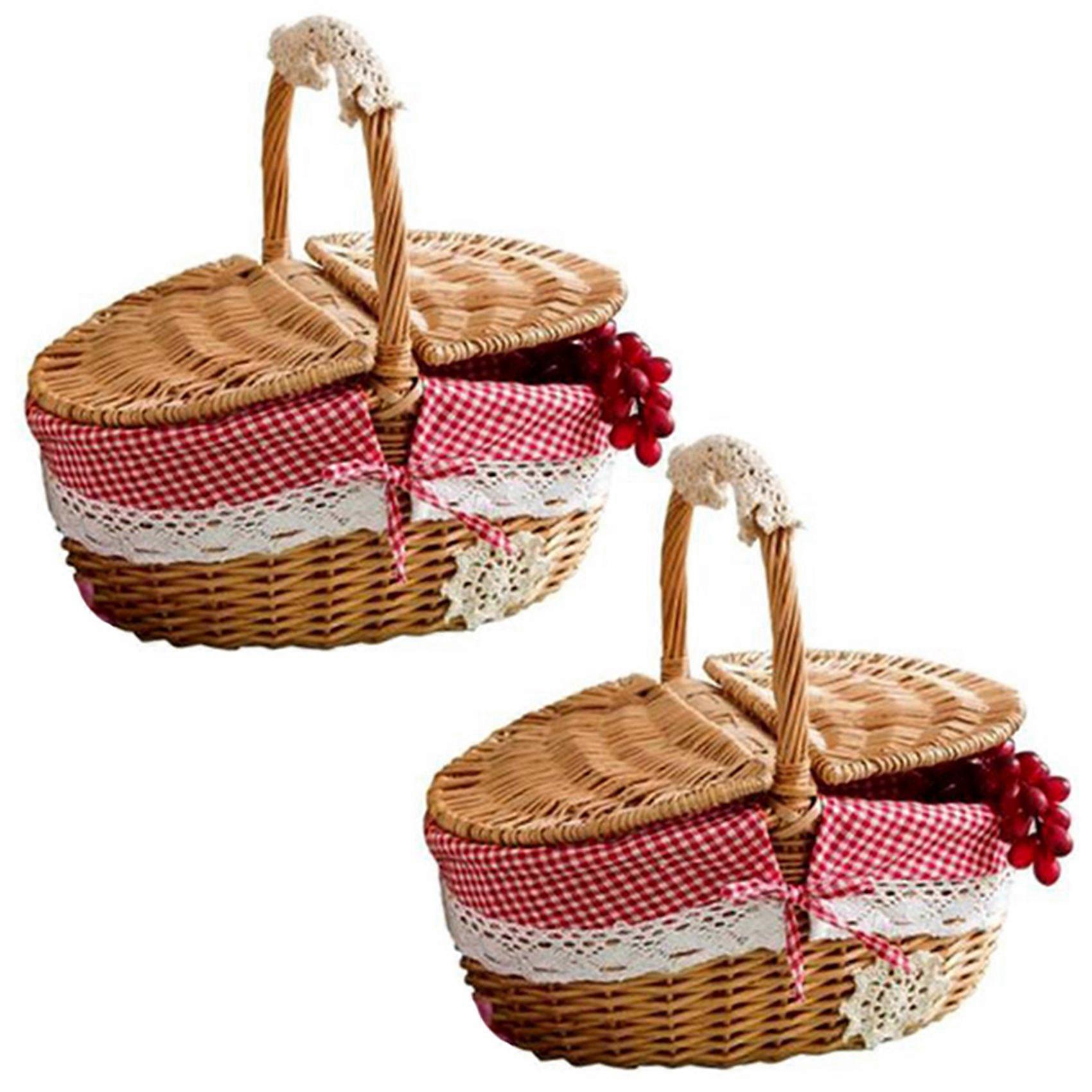2X Hand Made Wicker Basket Wicker Camping Picnic Basket Shopping Storage Hamper and Handle Wooden Wi