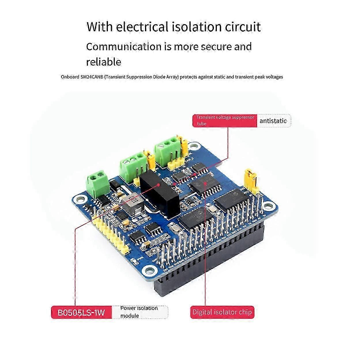 CAN Bus Expansion Board 2-CH Isolated HAT+ Dual Chips Solution Stackable for Expanding CAN Channels