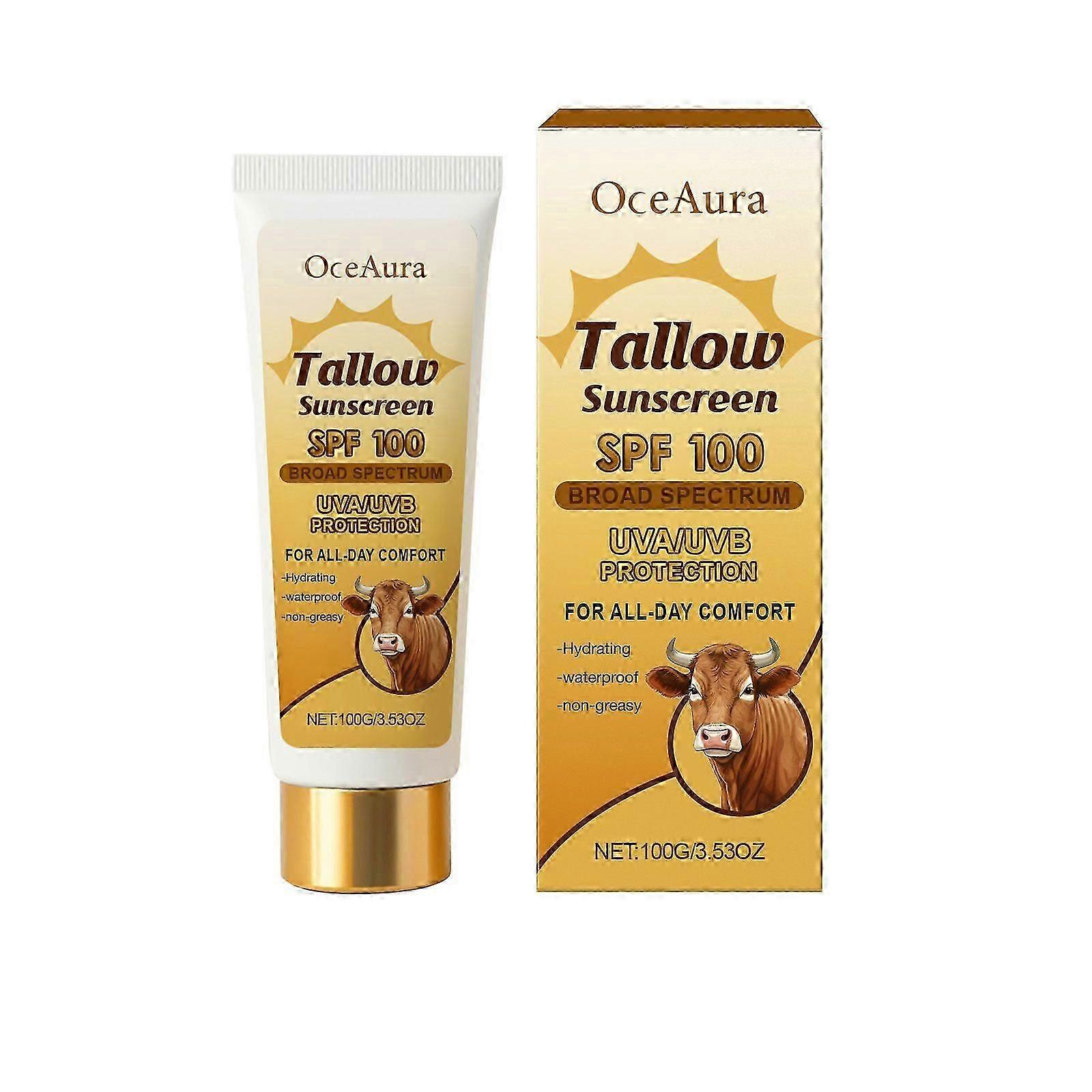Beef Tallow Sunscreen SPF 100, Natural Beef Tallow Sunscreen for Face and Body, Deep Hydration Moisturizing & No Sticky & Chemical-Free, Suitable for