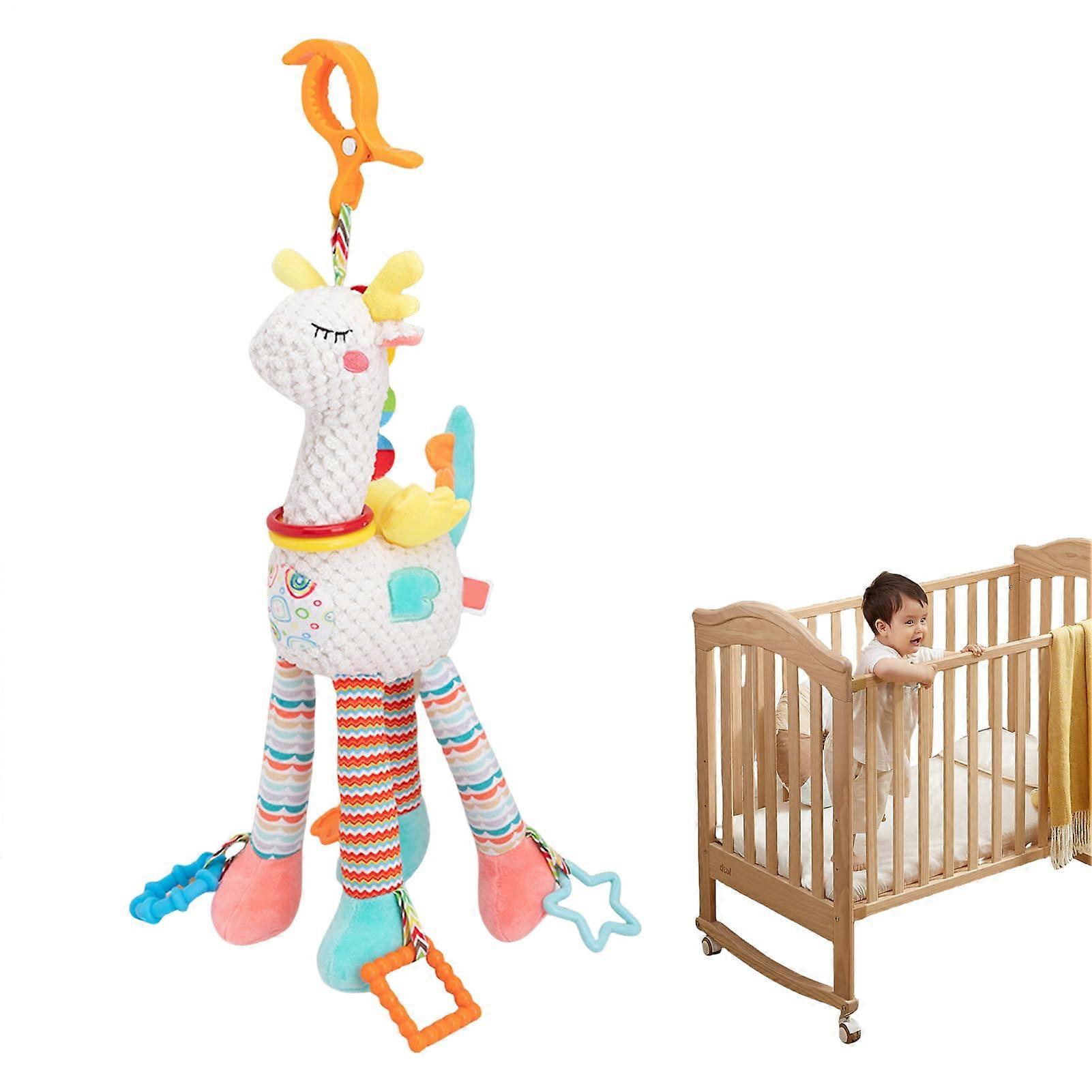 Baby Car Seat Toy - Plush Activity Toy for Crib with Multisensory Crinkle Rattle and Wind Filters for White Infants