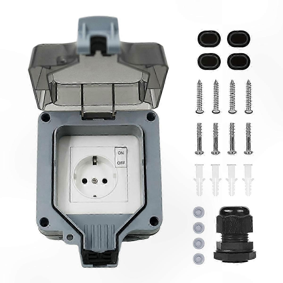 Outdoor Socket Waterproof Socket 1-Way Outdoor Socket IP66 with Switch Indicator Light and Hinged Lid Lockable EU Plug