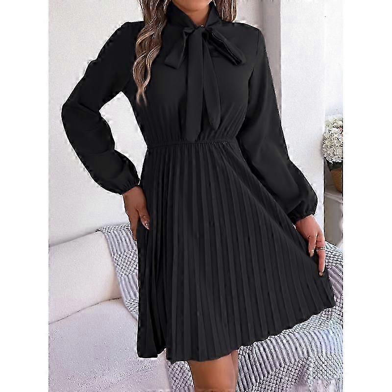 Women's Spring Summer Temperament Tie Waist Long Sleeve Pleated Dresses