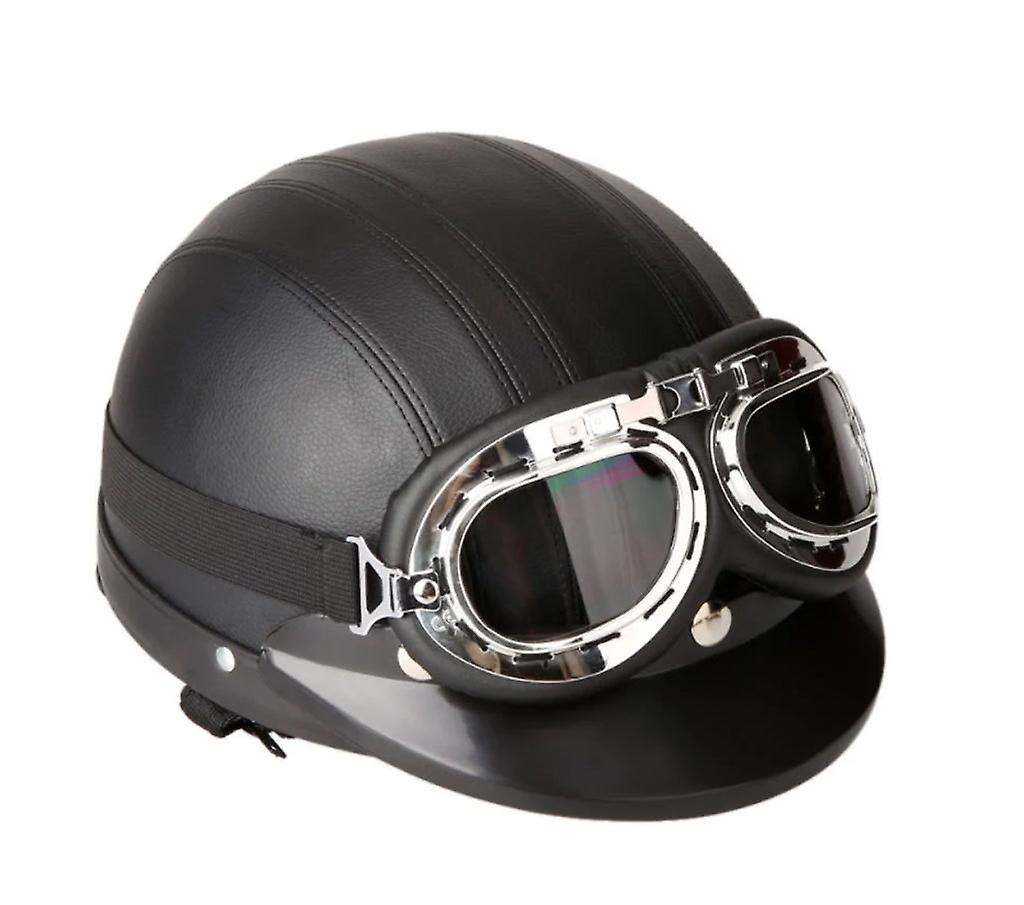 Open motorhelm met bril retro motorfiets crashhelm, lederen open gezicht halve helm en vizier uv bril, zwart open gezicht helm vintage stijl