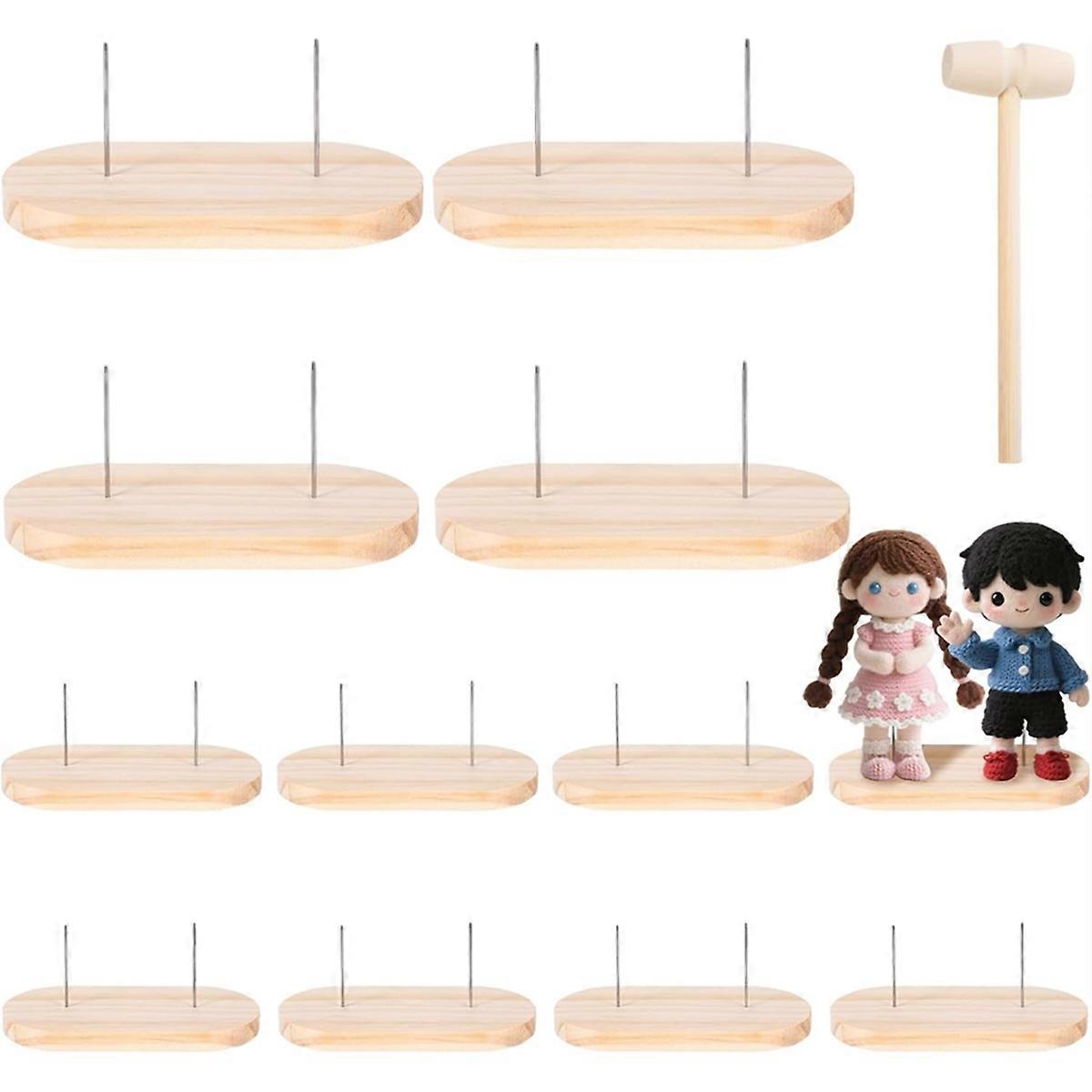 12pcs Multi-Functional Wooden Doll Stands for Crochet Doll,Display Stand Set with 1 Wooden Hammer f