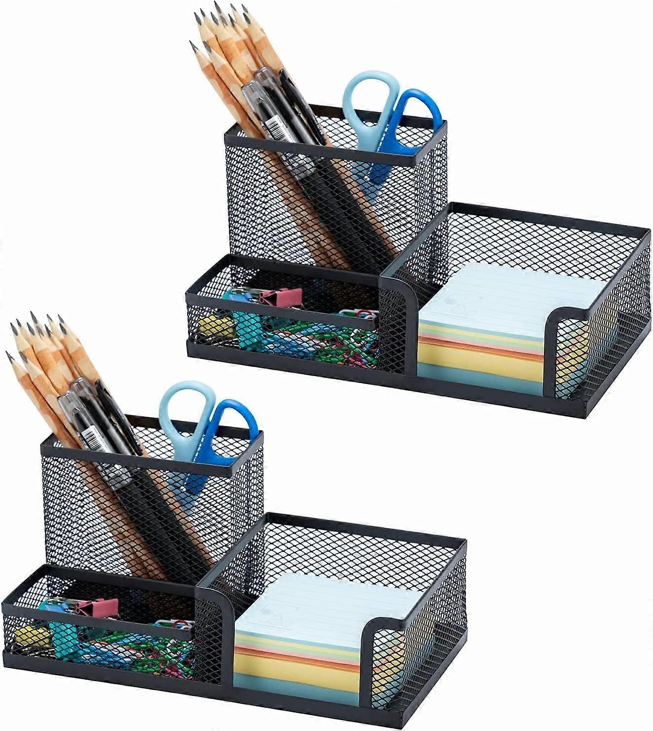 2 Pack Black Pen Holder - Mesh Desk Organizer with Sticky Notes Holder, 3 Compartments & 4 Non-slip Mats, compatible with school, home