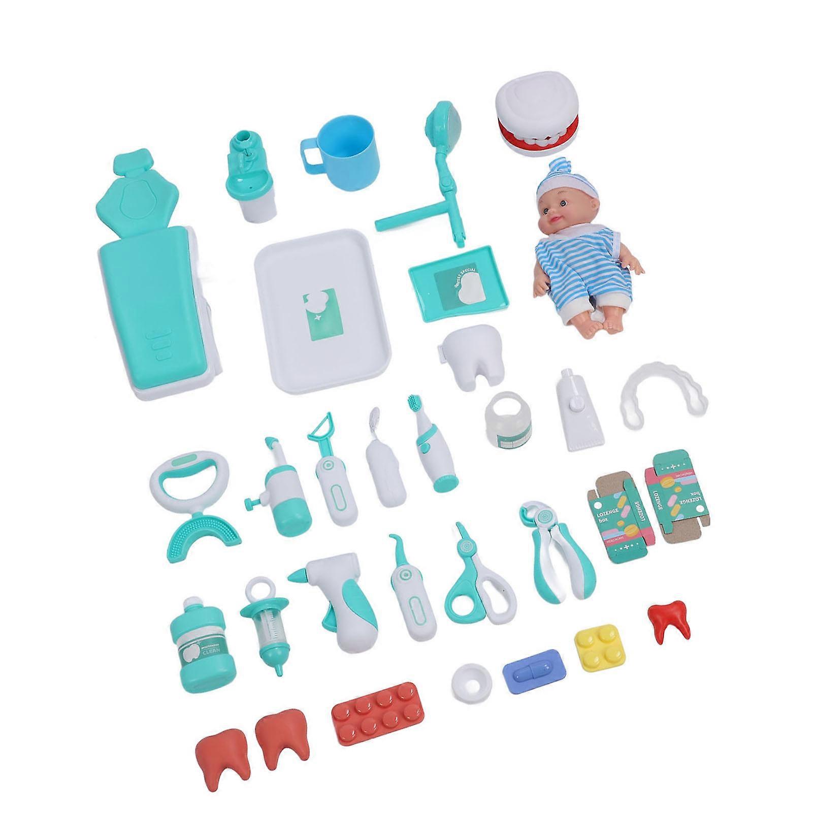 סט צעצועי רופא שיניים לפעוטות עם מוזיקה אור מציאותי שיניים אביזרי העמדת פנים ערכה רפואית צעצועים לילדים סט משחק שיניים ירוק 