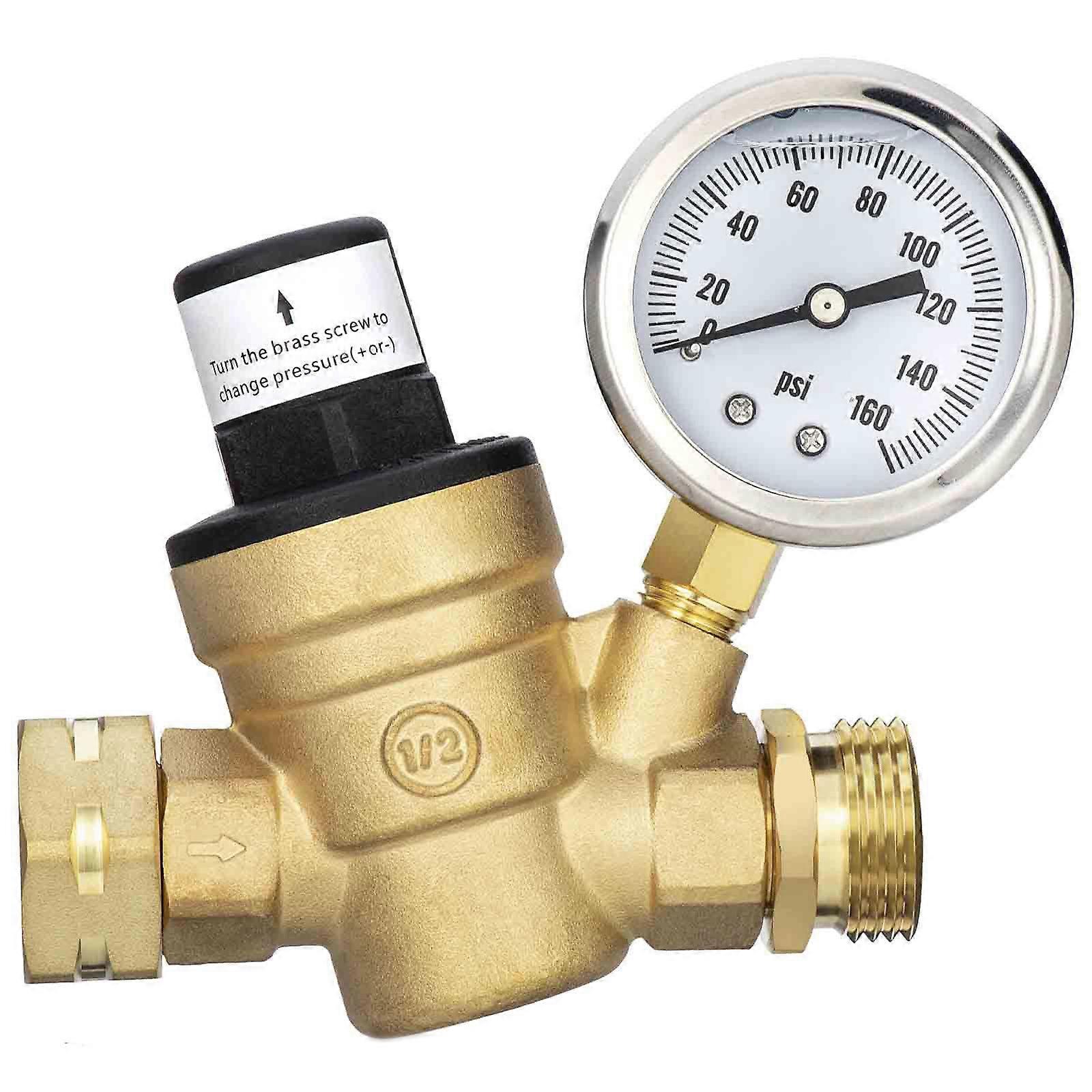 Water Pressure Regulator Valves with Inlet Screened Filters Knob Adjustable Water Pressure Reducer with Gauge 160PSI Multicolor